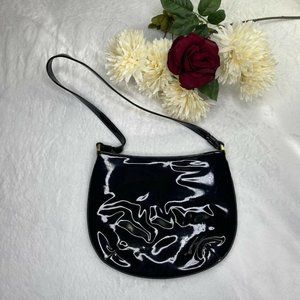 Womens Vintage LEWIS CROWN Black Patent Circle Shape Purse Tote Handbag